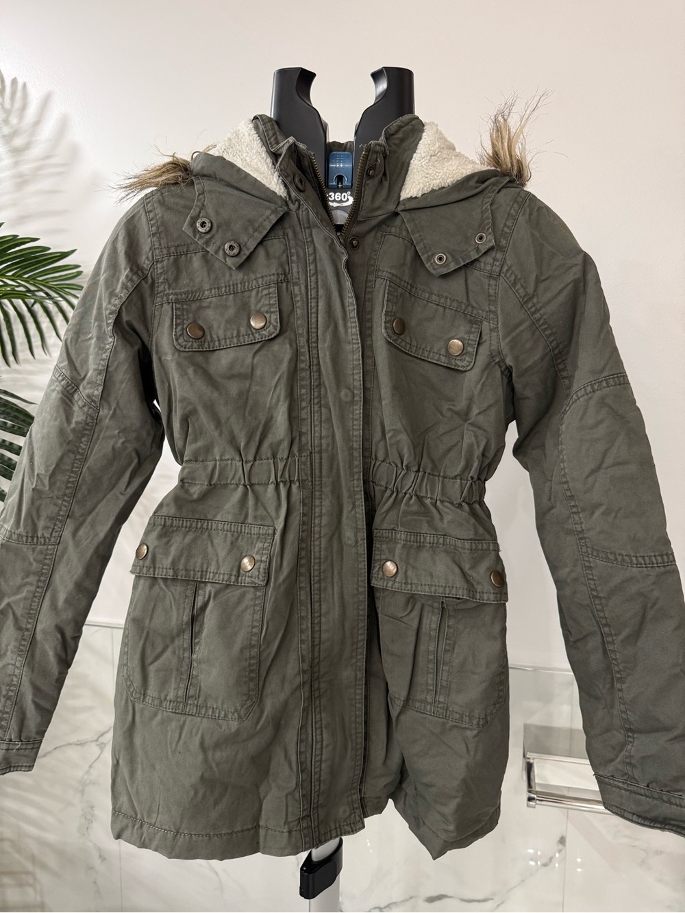 Jou Jou Girls Olive Green Utility Parka Winter Jacket Hooded Faux Fur Size L